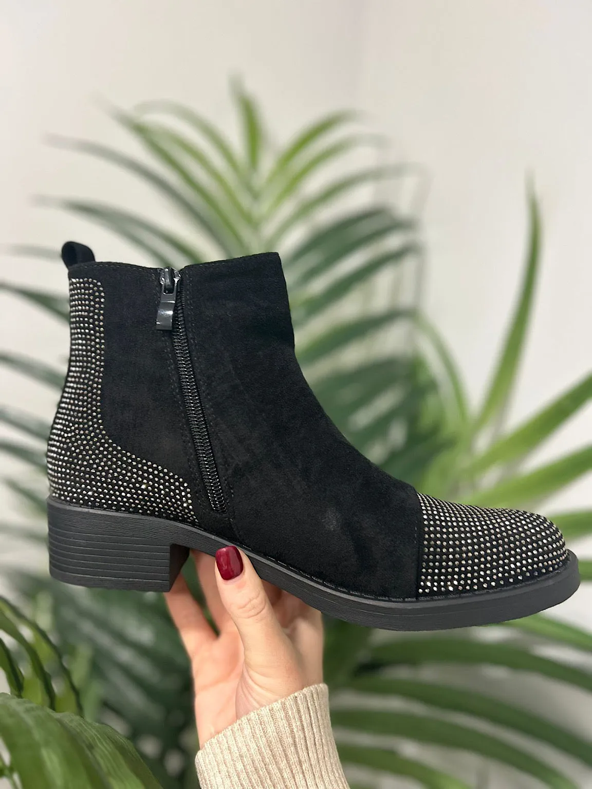 Black Embellished Faux Suede Chelsea Boots
