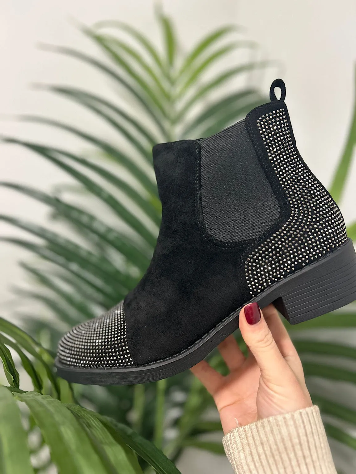 Black Embellished Faux Suede Chelsea Boots