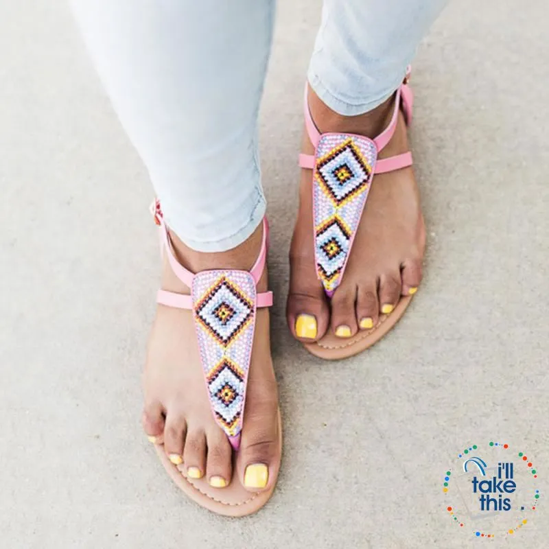 Bohemian Flip Flops, Beach Sandals with Gorgeous handmade Beads in Pink or Black Vegan leather