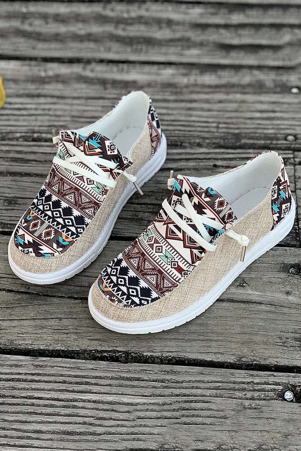 Brown Geometric Print Patchwork Lace Up Decor Sneakers