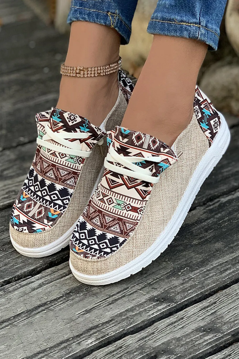 Brown Geometric Print Patchwork Lace Up Decor Sneakers