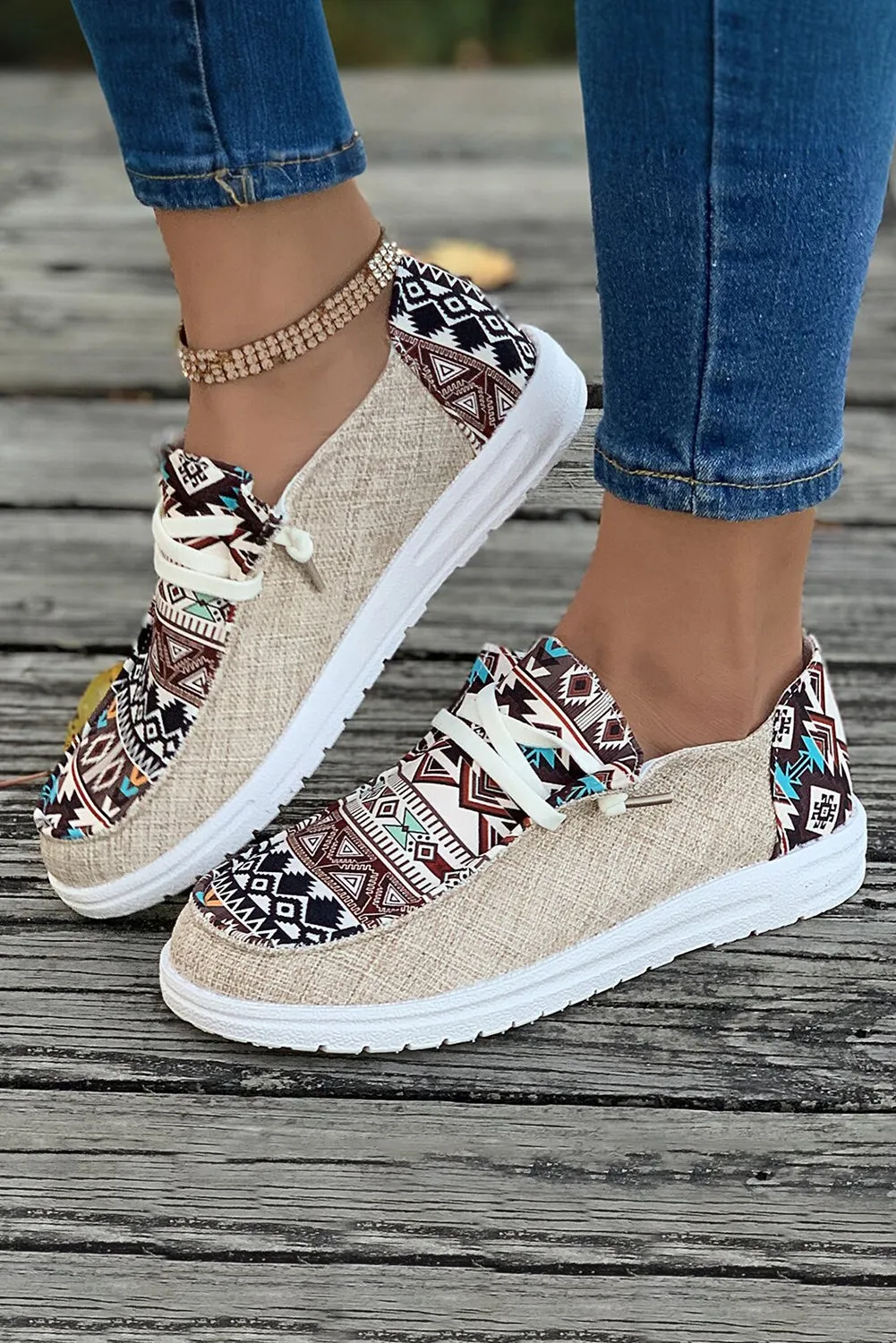 Brown Geometric Print Patchwork Lace Up Decor Sneakers