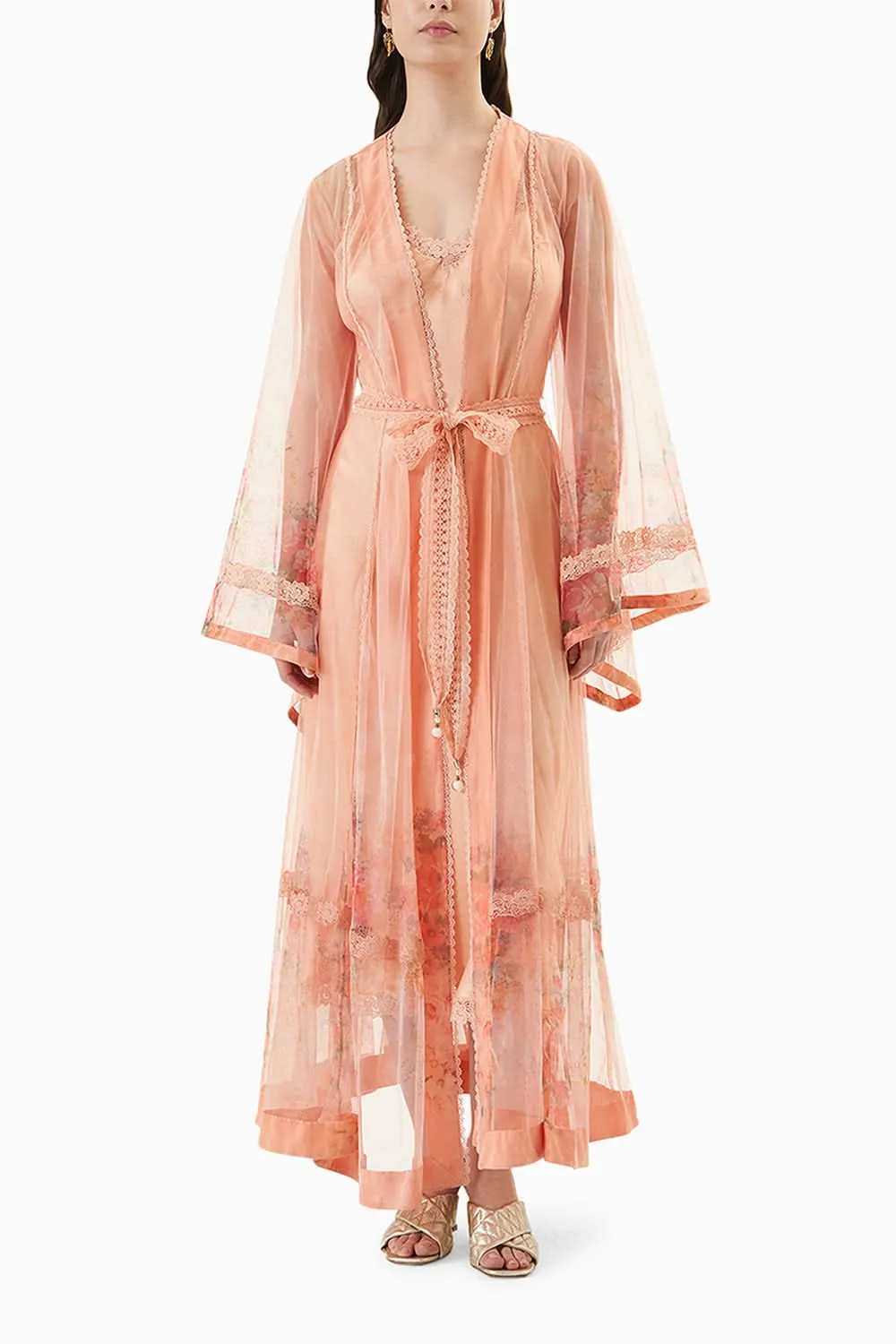 Coral Printed Robe with Silk Slip