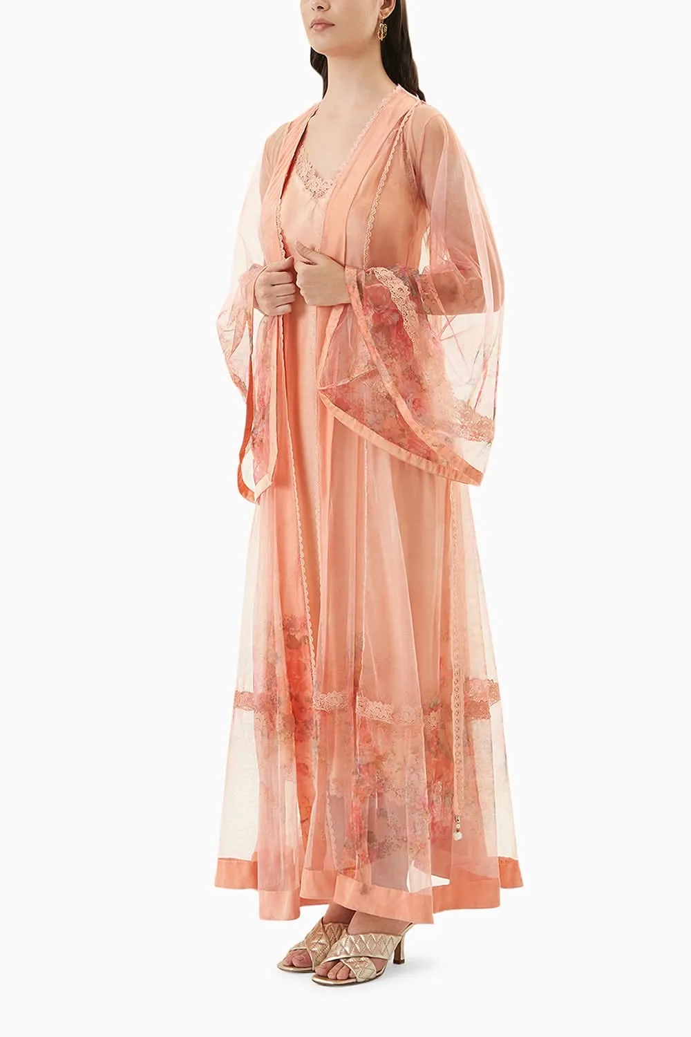 Coral Printed Robe with Silk Slip