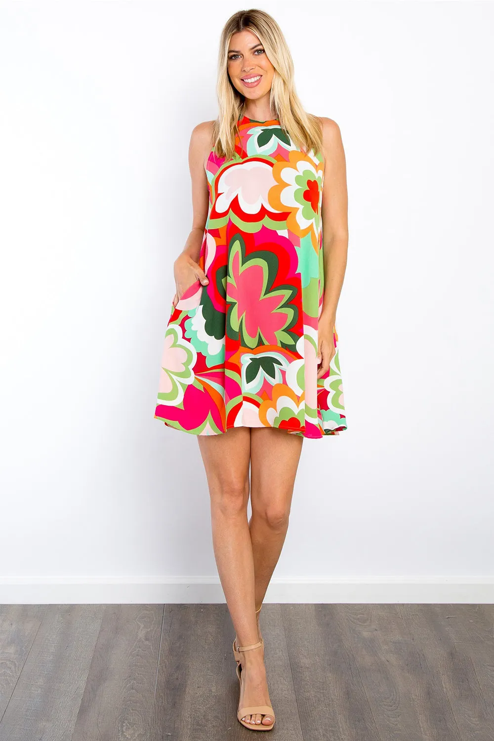 Mod Floral Sleeveless Mini Dress with Pockets in Coral Red