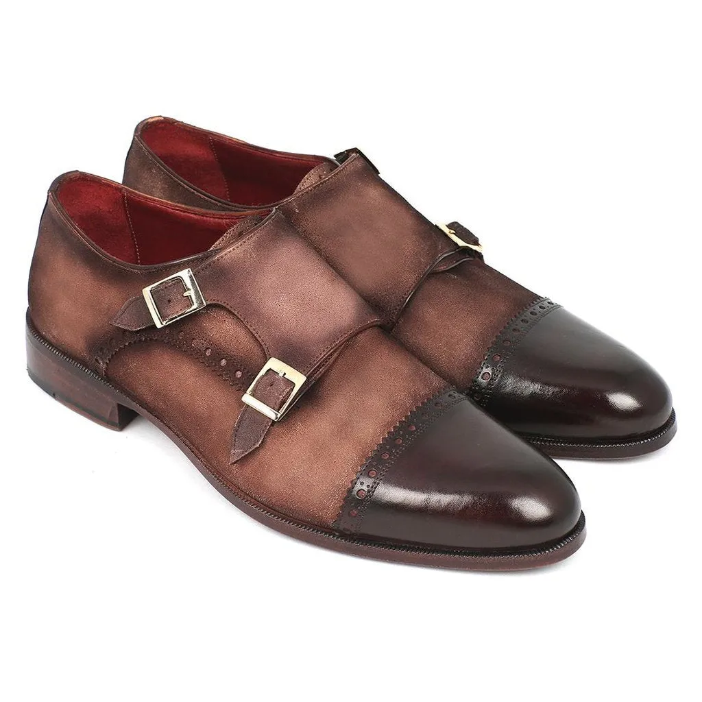 Paul Parkman Men's Double Monkstrap Captoe Dress Shoes - Brown / Beige Suede Upper and Leather Sole (ID#FK09)