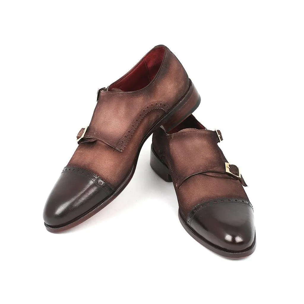 Paul Parkman Men's Double Monkstrap Captoe Dress Shoes - Brown / Beige Suede Upper and Leather Sole (ID#FK09)