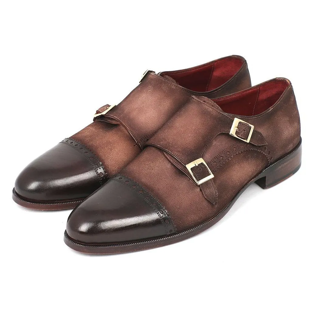 Paul Parkman Men's Double Monkstrap Captoe Dress Shoes - Brown / Beige Suede Upper and Leather Sole (ID#FK09)