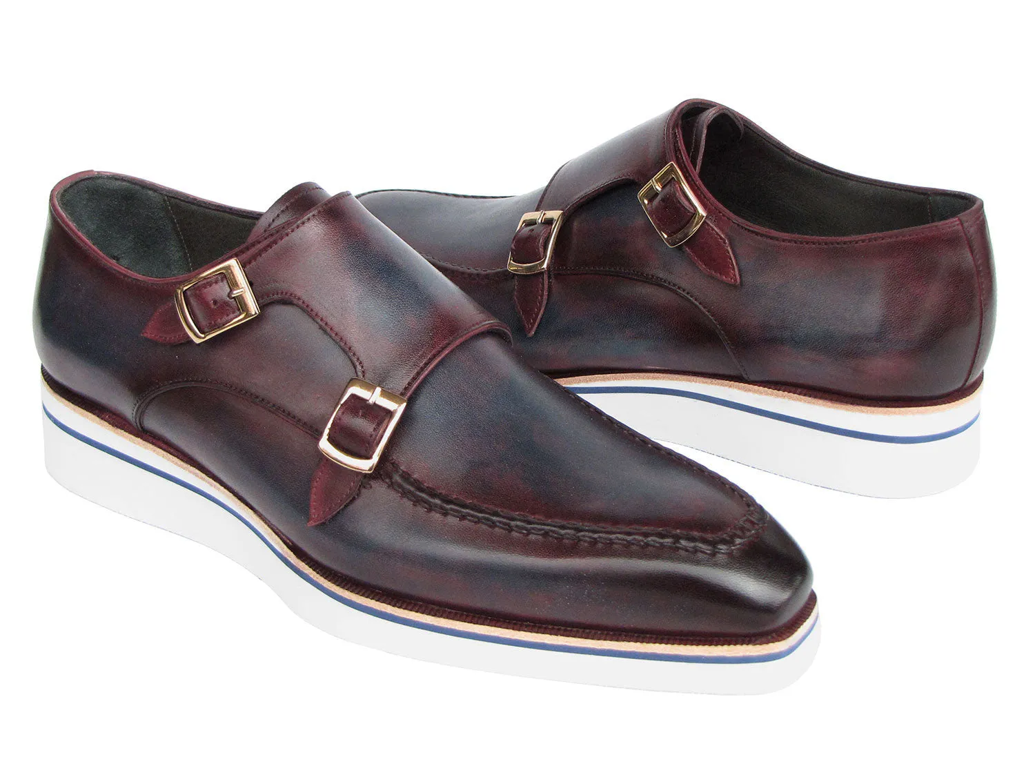 Paul Parkman Men's Smart Casual Monkstraps Blue & Bordeaux Patina
