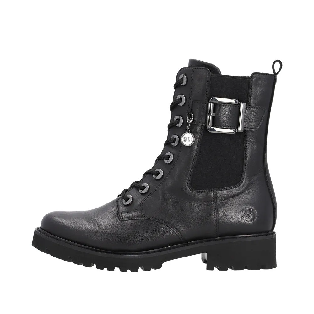 Remonte D8668-00 Ladies Black Leather Zip & Lace Ankle Boots