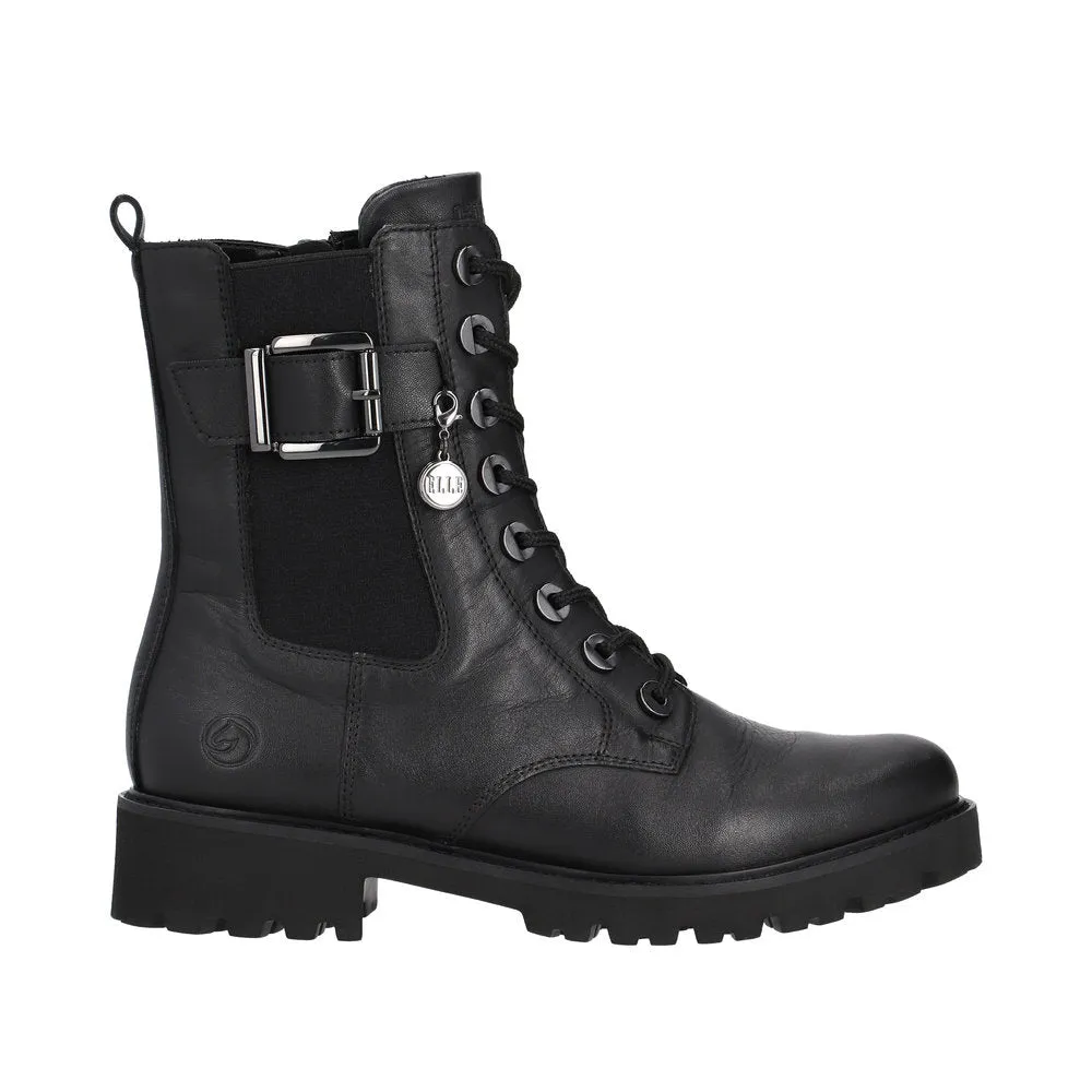 Remonte D8668-00 Ladies Black Leather Zip & Lace Ankle Boots