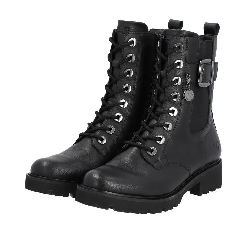Remonte D8668-00 Ladies Black Leather Zip & Lace Ankle Boots