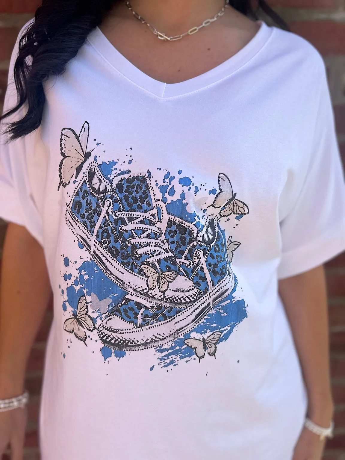 White Butterfly Printed Design Tee Debbie