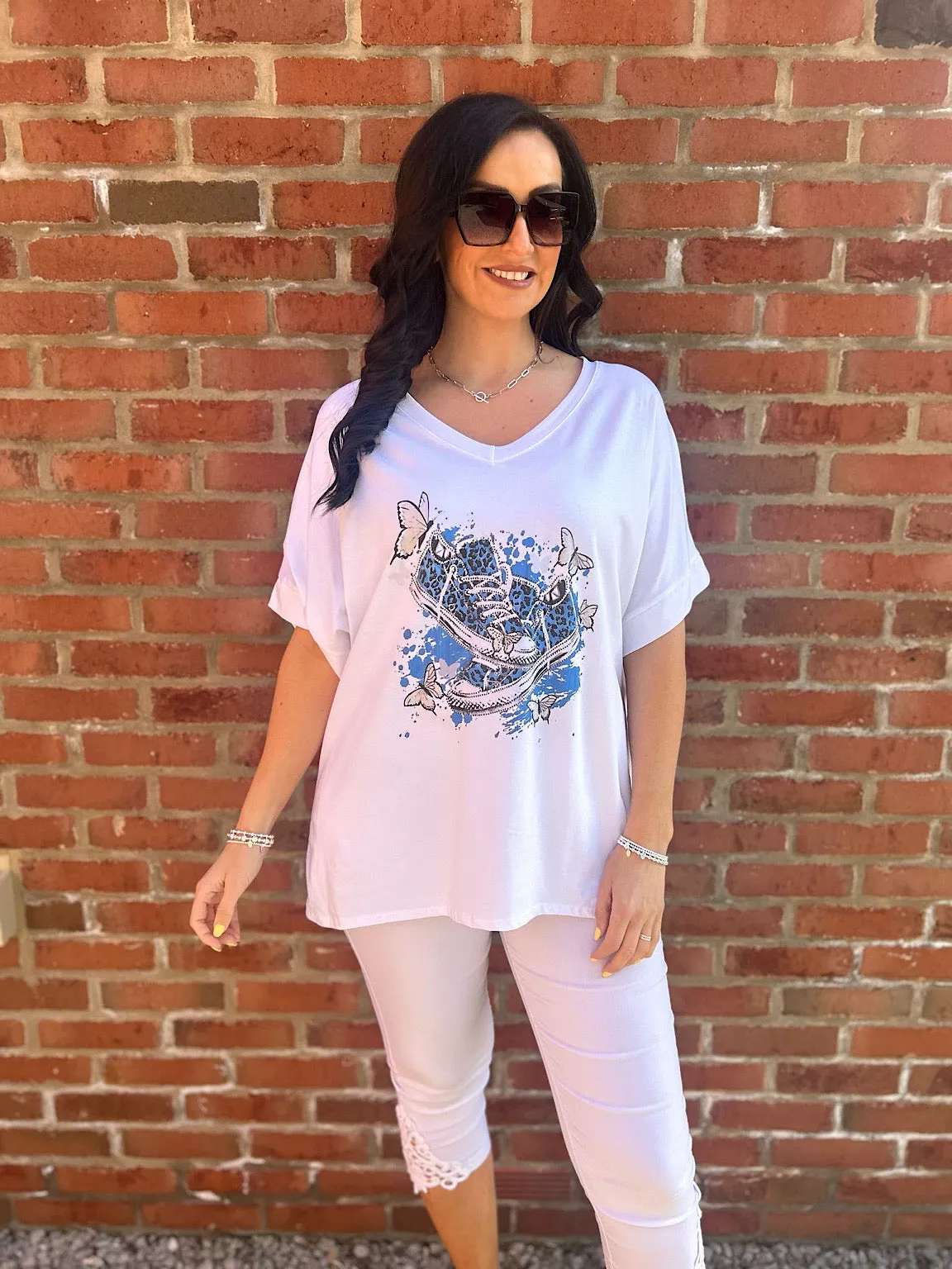 White Butterfly Printed Design Tee Debbie