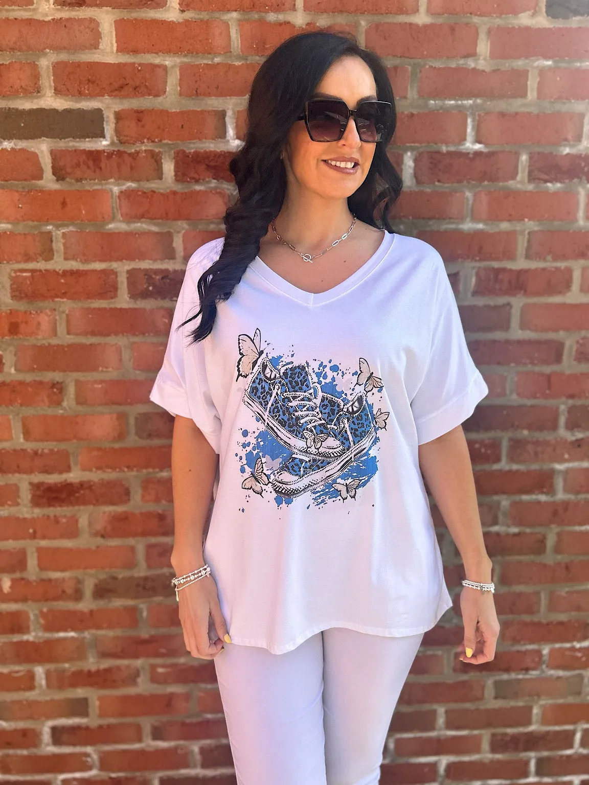 White Butterfly Printed Design Tee Debbie