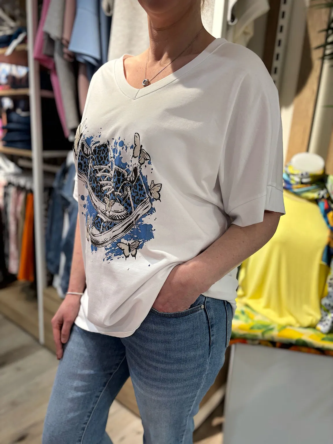 White Butterfly Printed Design Tee Debbie