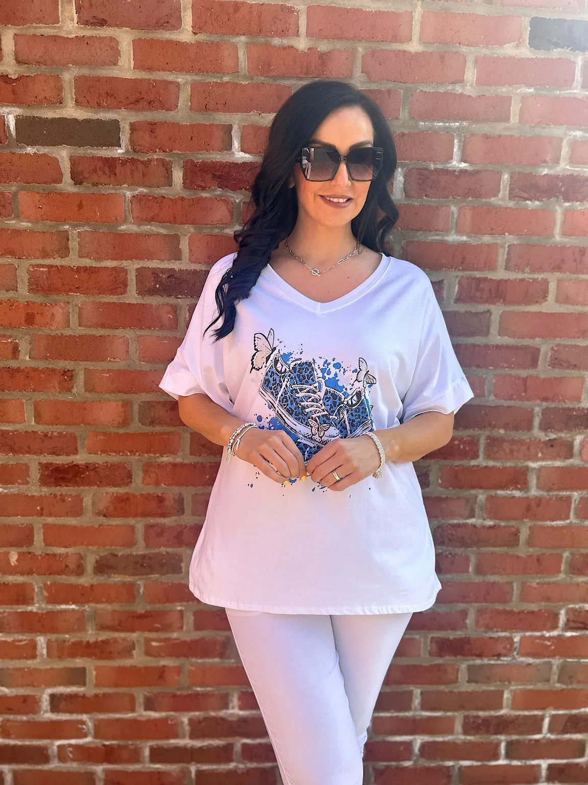 White Butterfly Printed Design Tee Debbie